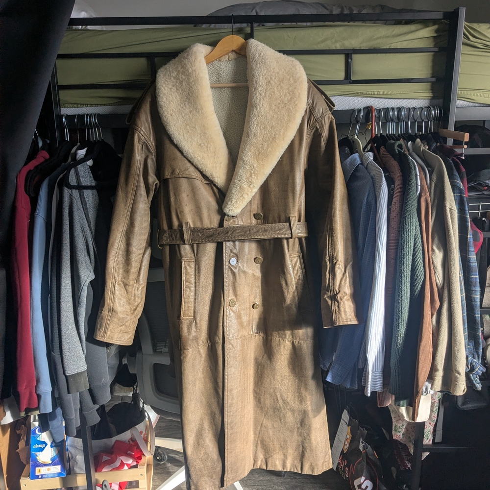 Men's Full Length Leather Trench Coat With Detachable Shearling Collar & Lining